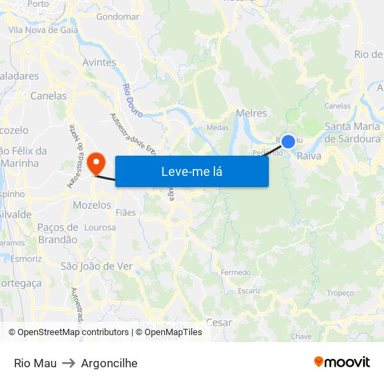 Rio Mau to Argoncilhe map