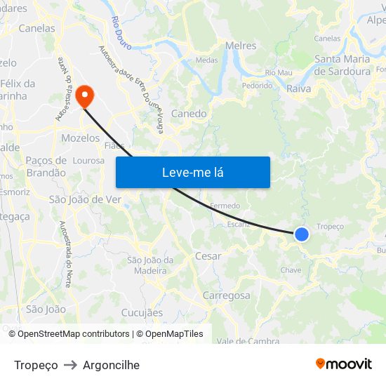 Tropeço to Argoncilhe map