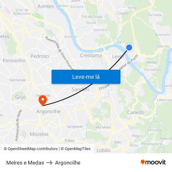 Melres e Medas to Argoncilhe map