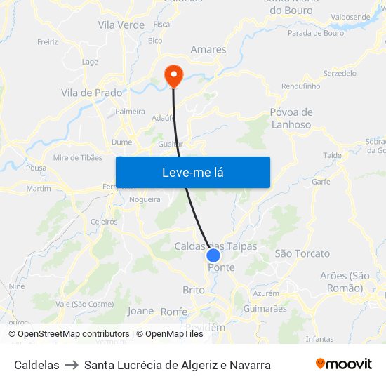 Caldelas to Santa Lucrécia de Algeriz e Navarra map
