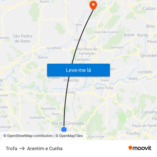 Trofa to Arentim e Cunha map