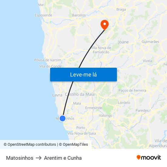 Matosinhos to Arentim e Cunha map