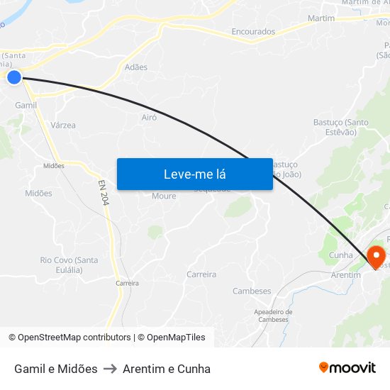 Gamil e Midões to Arentim e Cunha map