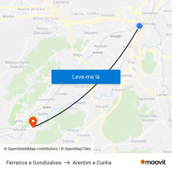 Ferreiros e Gondizalves to Arentim e Cunha map