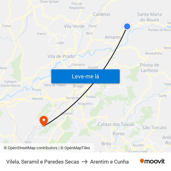Vilela, Seramil e Paredes Secas to Arentim e Cunha map