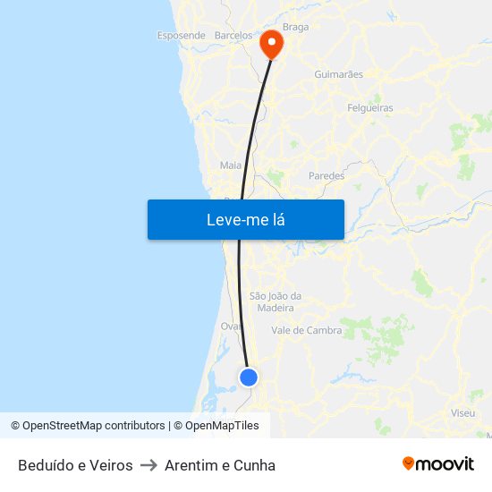 Beduído e Veiros to Arentim e Cunha map