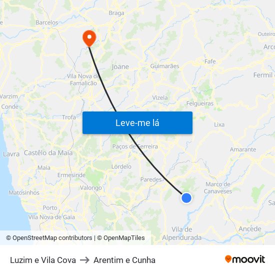 Luzim e Vila Cova to Arentim e Cunha map