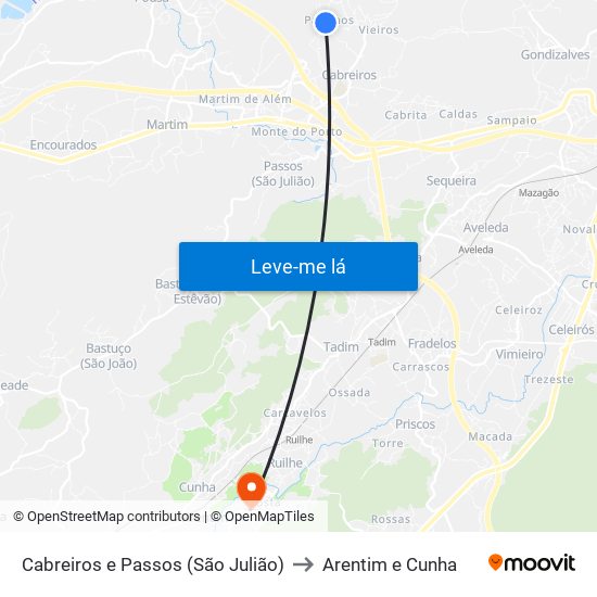 Cabreiros e Passos (São Julião) to Arentim e Cunha map