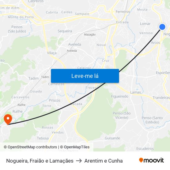 Nogueira, Fraião e Lamaçães to Arentim e Cunha map
