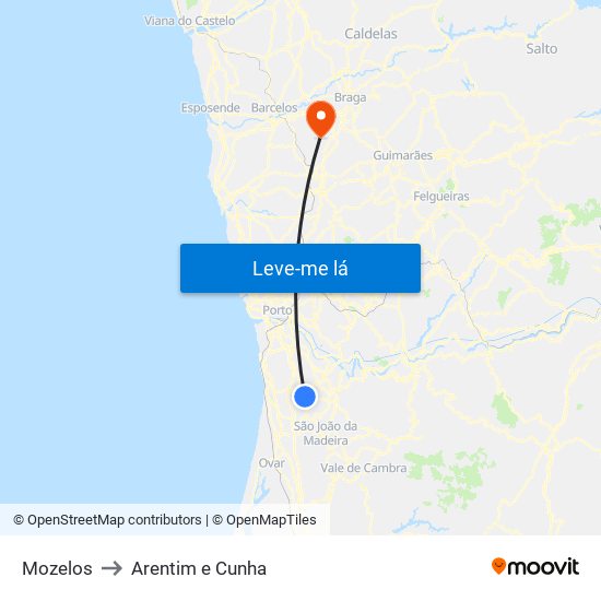 Mozelos to Arentim e Cunha map