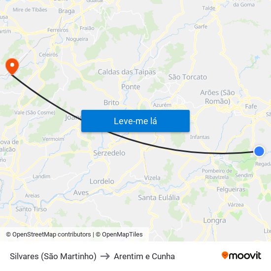 Silvares (São Martinho) to Arentim e Cunha map