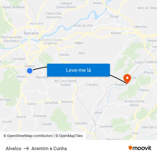 Alvelos to Arentim e Cunha map