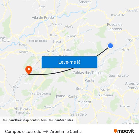 Campos e Louredo to Arentim e Cunha map