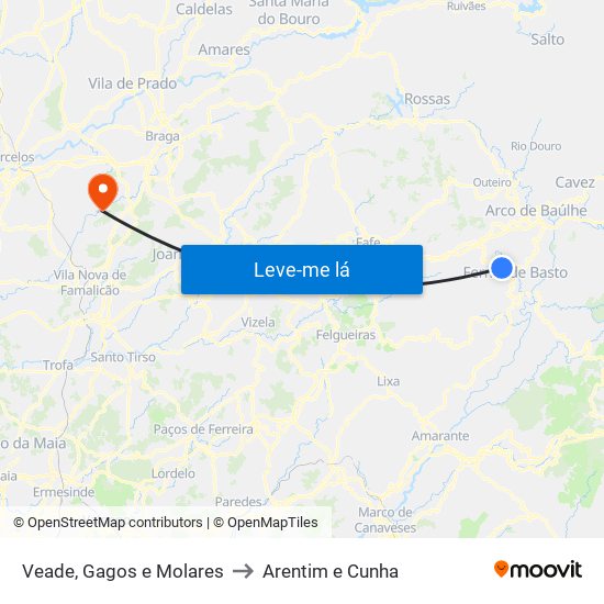 Veade, Gagos e Molares to Arentim e Cunha map