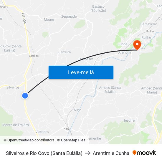 Silveiros e Rio Covo (Santa Eulália) to Arentim e Cunha map