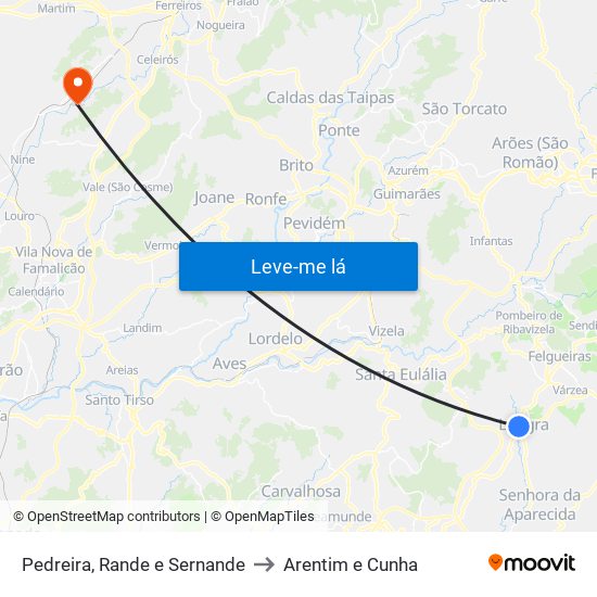 Pedreira, Rande e Sernande to Arentim e Cunha map