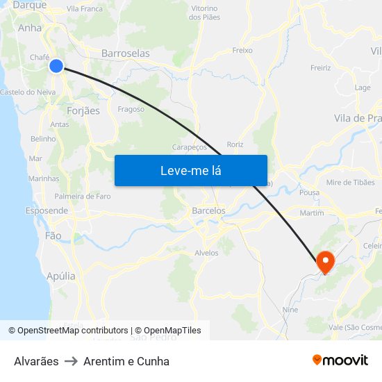 Alvarães to Arentim e Cunha map