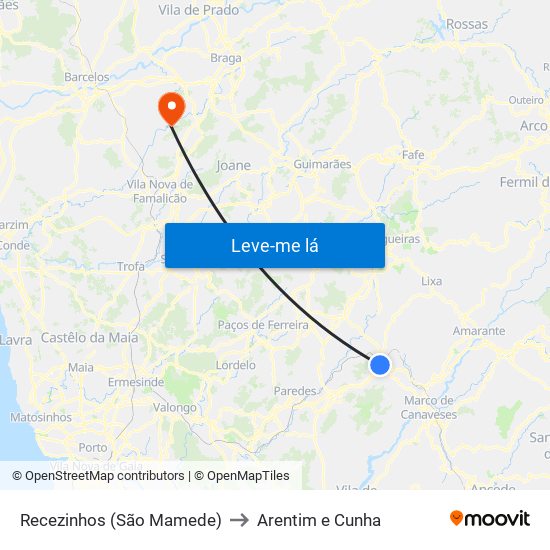 Recezinhos (São Mamede) to Arentim e Cunha map