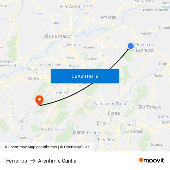 Ferreiros to Arentim e Cunha map