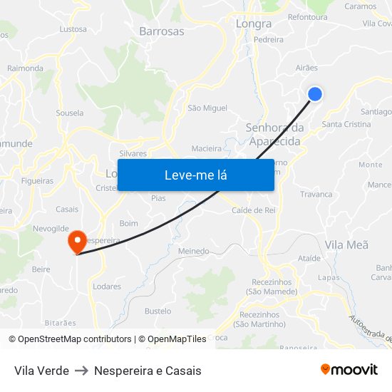 Vila Verde to Nespereira e Casais map