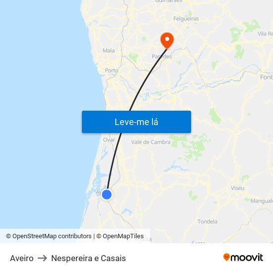 Aveiro to Nespereira e Casais map