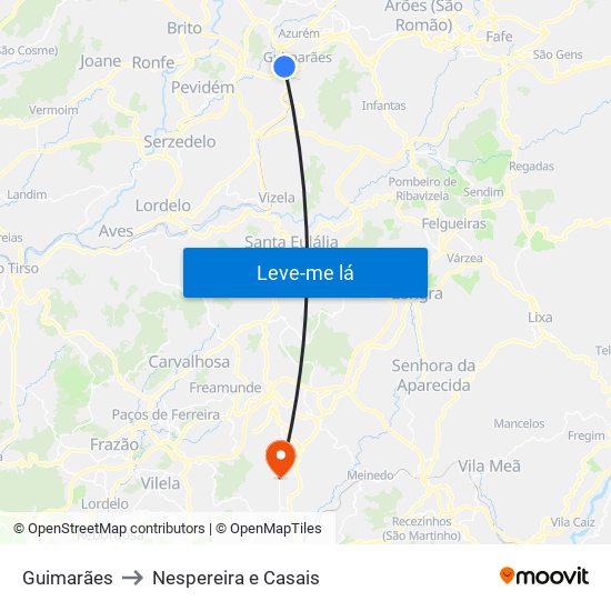 Guimarães to Nespereira e Casais map