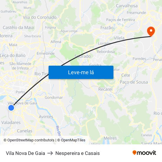 Vila Nova De Gaia to Nespereira e Casais map