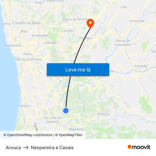 Arouca to Nespereira e Casais map