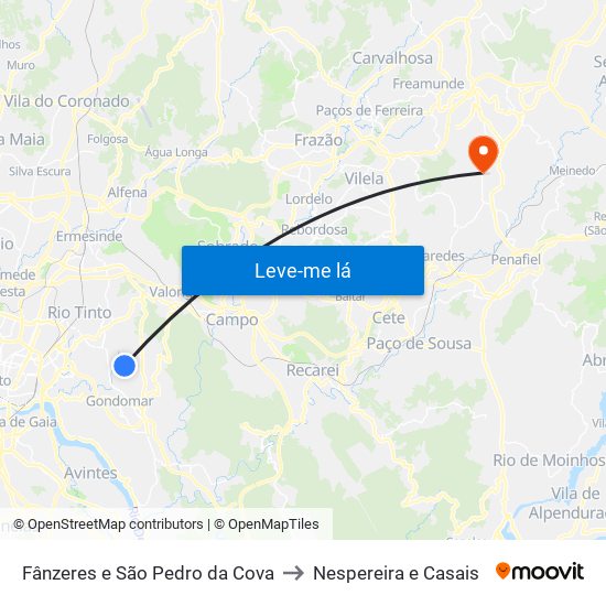 Fânzeres e São Pedro da Cova to Nespereira e Casais map