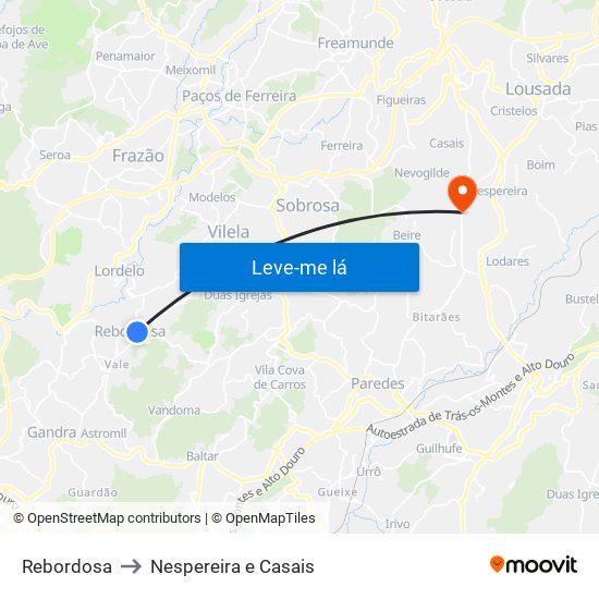 Rebordosa to Nespereira e Casais map