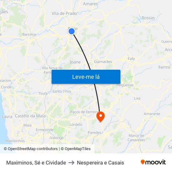 Maximinos, Sé e Cividade to Nespereira e Casais map