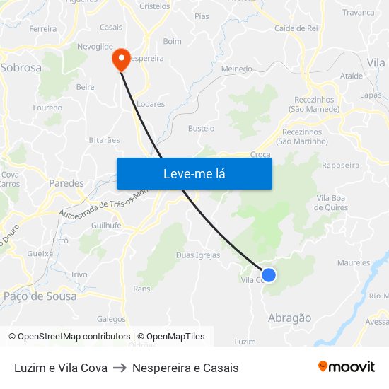 Luzim e Vila Cova to Nespereira e Casais map