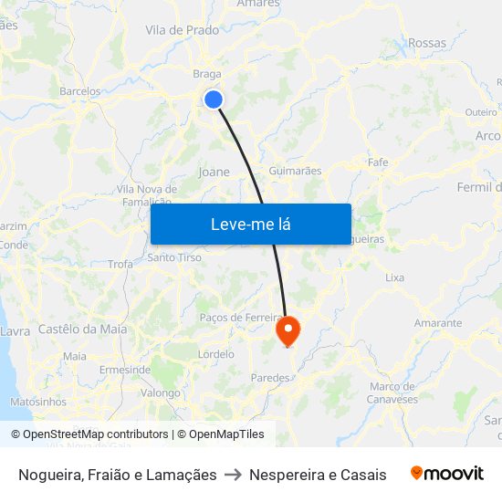 Nogueira, Fraião e Lamaçães to Nespereira e Casais map