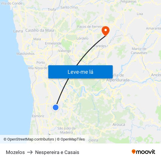 Mozelos to Nespereira e Casais map