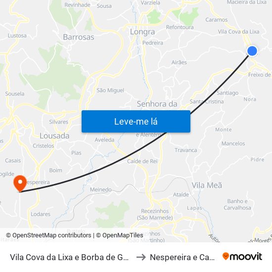 Vila Cova da Lixa e Borba de Godim to Nespereira e Casais map