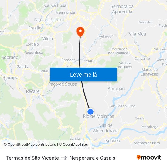 Termas de São Vicente to Nespereira e Casais map