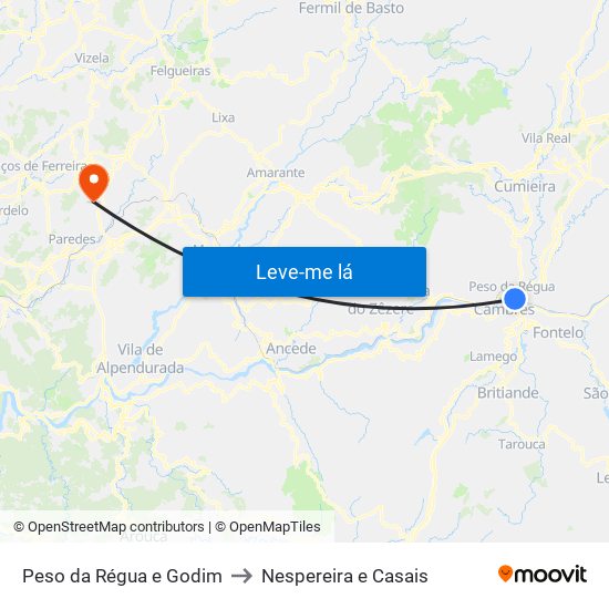 Peso da Régua e Godim to Nespereira e Casais map