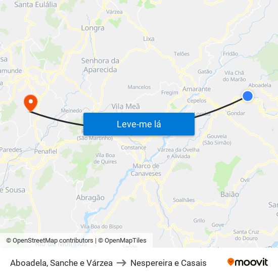 Aboadela, Sanche e Várzea to Nespereira e Casais map
