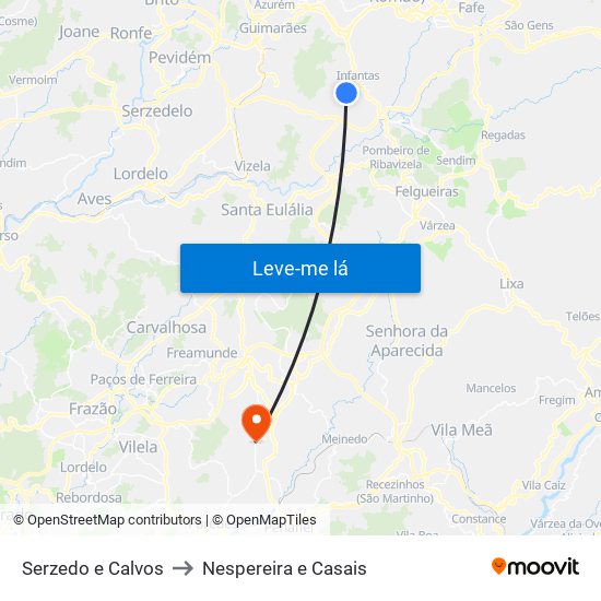 Serzedo e Calvos to Nespereira e Casais map