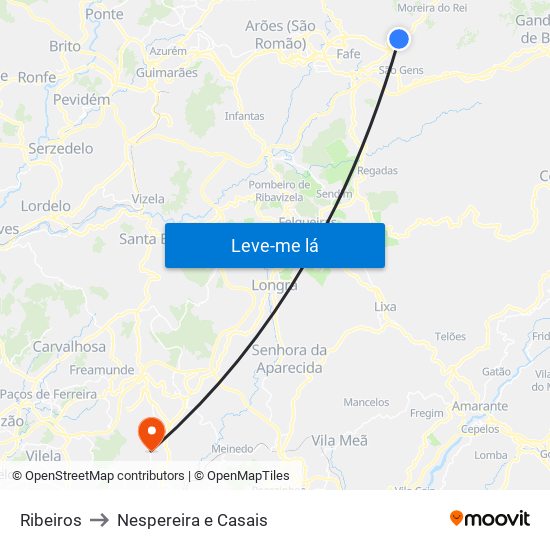 Ribeiros to Nespereira e Casais map