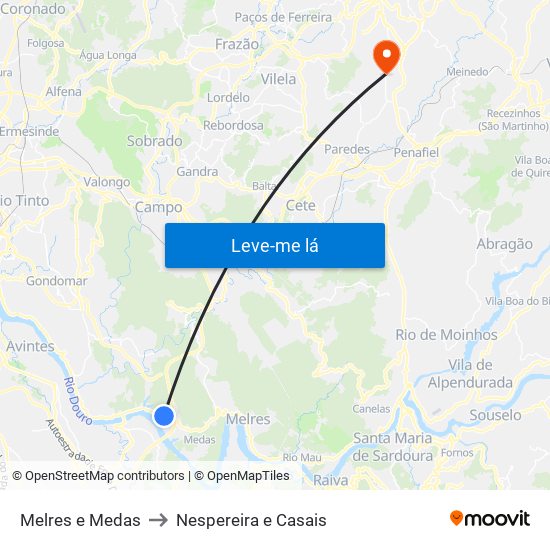 Melres e Medas to Nespereira e Casais map