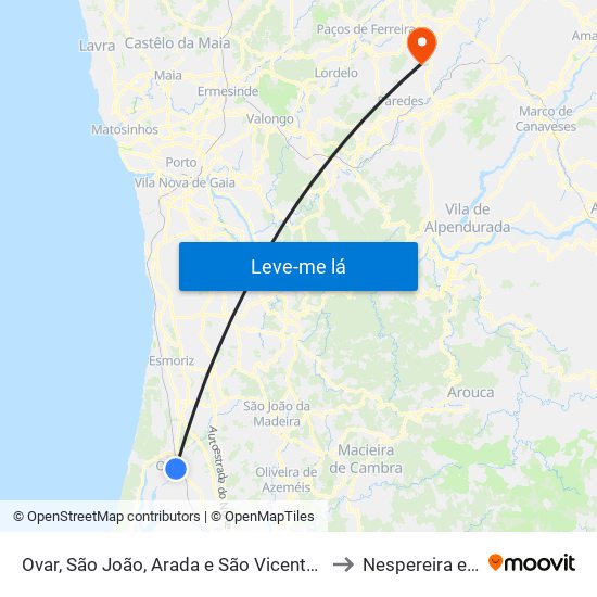 Ovar, São João, Arada e São Vicente de Pereira Jusã to Nespereira e Casais map