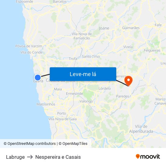 Labruge to Nespereira e Casais map