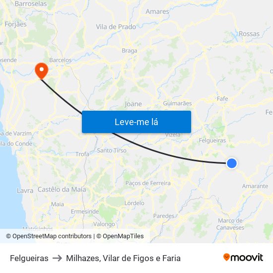 Felgueiras to Milhazes, Vilar de Figos e Faria map