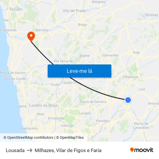 Lousada to Milhazes, Vilar de Figos e Faria map