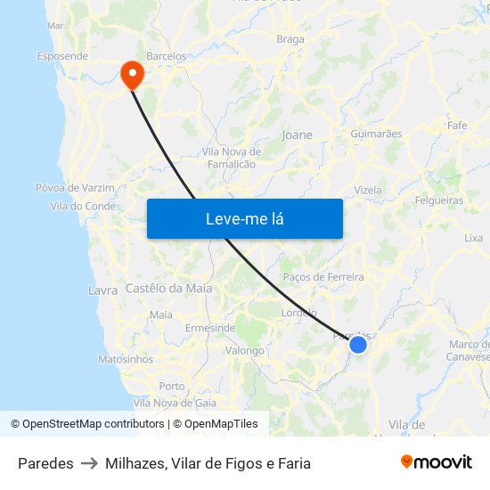 Paredes to Milhazes, Vilar de Figos e Faria map