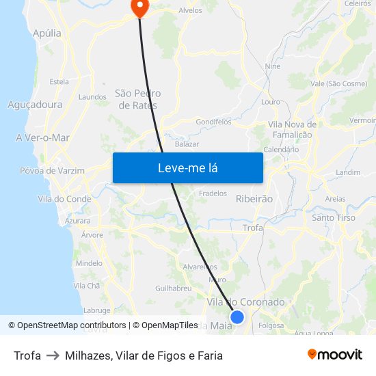 Trofa to Milhazes, Vilar de Figos e Faria map