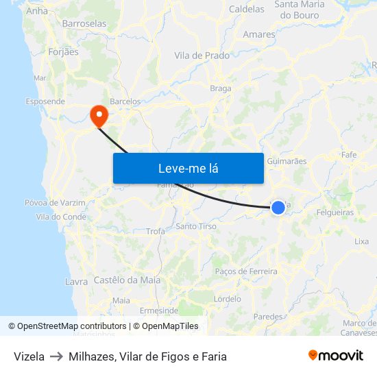Vizela to Milhazes, Vilar de Figos e Faria map