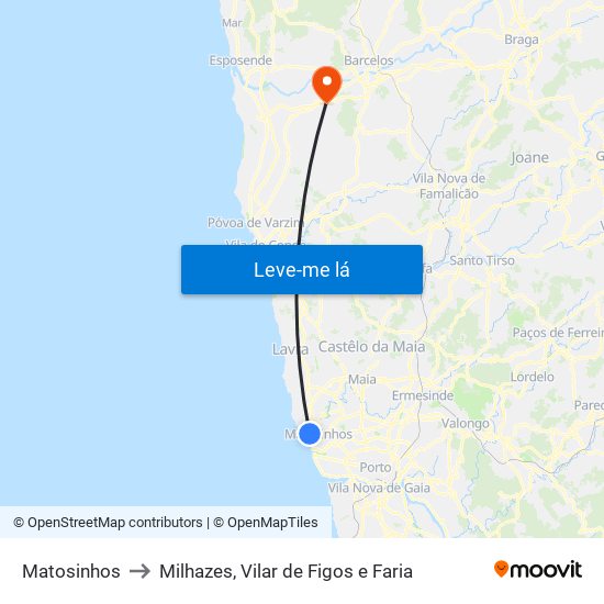 Matosinhos to Milhazes, Vilar de Figos e Faria map