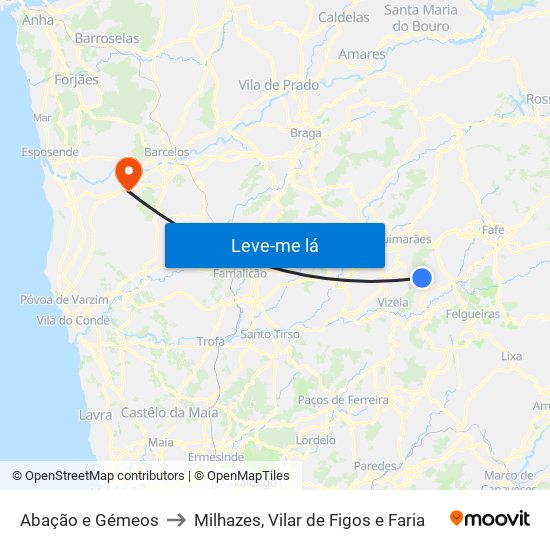 Abação e Gémeos to Milhazes, Vilar de Figos e Faria map